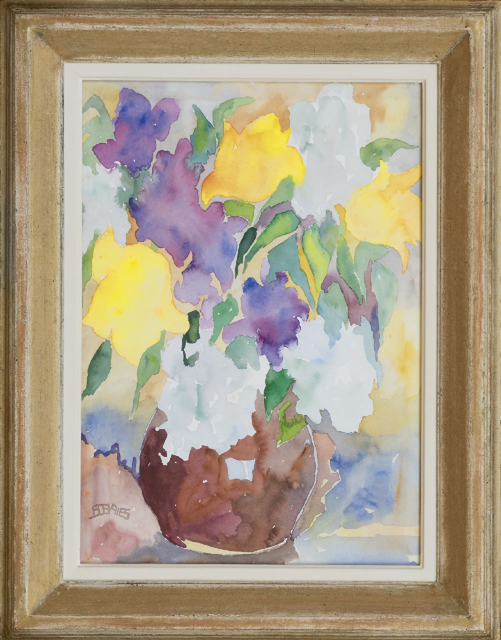Vries J.S. de | Jacob Sybout 'Jaap' de Vries | Aquarellen en tekeningen te koop aangeboden | Vaas met bloemen, aquarel op papier 37,1 x 26,3 cm, gesigneerd linksonder met monogram en te dateren jaren 60 Vries J.S. de | Jacob Sybout 'Jaap' de Vries | Aquarellen en tekeningen te koop aangeboden | Vaas met bloemen, aquarel op papier 37,1 x 26,3 cm, gesigneerd linksonder met monogram en te dateren jaren 60