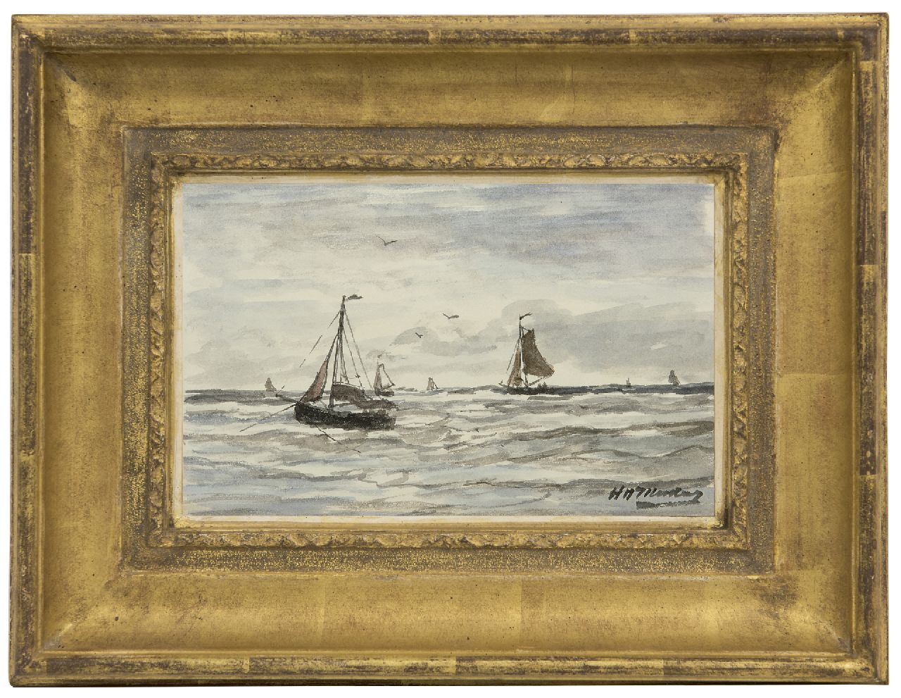 Mesdag H.W. | Hendrik Willem Mesdag, Vissersschepen in de branding, Scheveningen, aquarel op papier 13,2 x 21,0 cm, gesigneerd rechtsonder Mesdag H.W. | Hendrik Willem Mesdag, Vissersschepen in de branding, Scheveningen, aquarel op papier 13,2 x 21,0 cm, gesigneerd rechtsonder