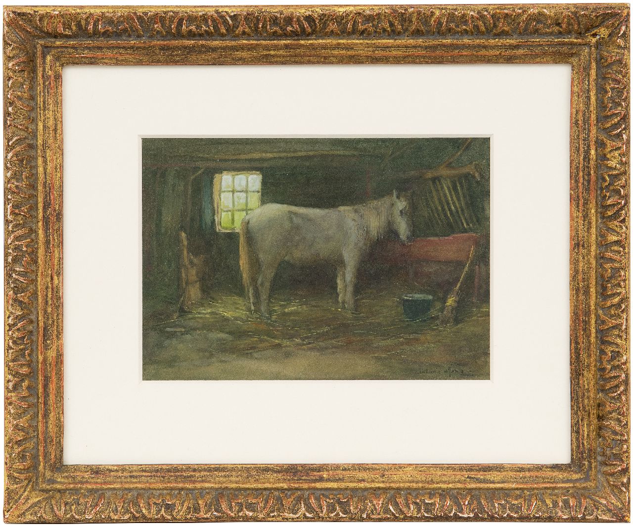 Jong A.G. de | 'Antonie' Gerardus de Jong | Aquarellen en tekeningen te koop aangeboden | Schimmel in een stal, aquarel op papier 13,6 x 19,6 cm, gesigneerd rechtsonder Jong A.G. de | 'Antonie' Gerardus de Jong | Aquarellen en tekeningen te koop aangeboden | Schimmel in een stal, aquarel op papier 13,6 x 19,6 cm, gesigneerd rechtsonder