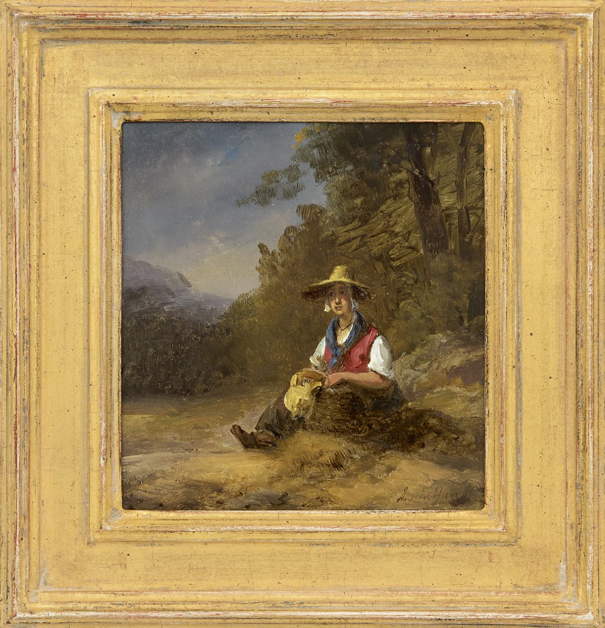 Schelfhout A.  | Andreas Schelfhout, Rustende boerenvrouw met tenen mand, olieverf op paneel 16,8 x 15,5 cm, gesigneerd rechtsonder