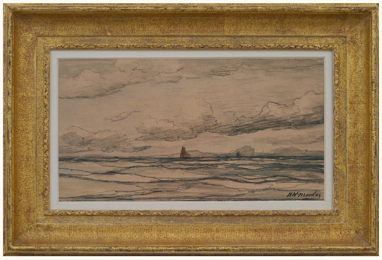 Mesdag H.W. | Hendrik Willem Mesdag, Zee met bomschuiten in de verte, zwart krijt op papier 18,0 x 34,2 cm, gesigneerd rechtsonder Mesdag H.W. | Hendrik Willem Mesdag, Zee met bomschuiten in de verte, zwart krijt op papier 18,0 x 34,2 cm, gesigneerd rechtsonder