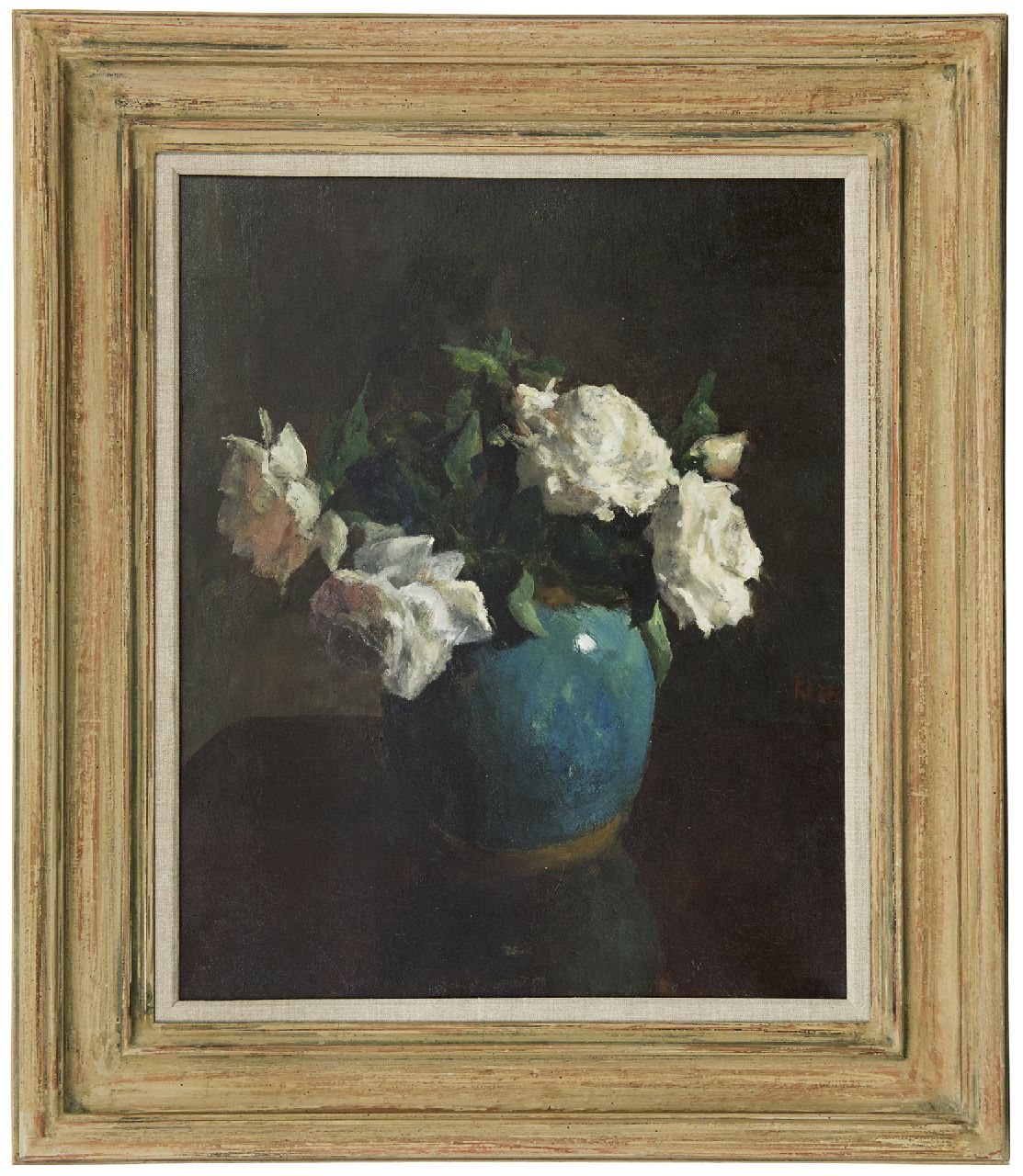 Kever J.S.H. | Jacob Simon Hendrik 'Hein' Kever, Witte rozen in azuurblauwe vaas, olieverf op doek 53,5 x 43,7 cm, gesigneerd rechts van het midden Kever J.S.H. | Jacob Simon Hendrik 'Hein' Kever, Witte rozen in azuurblauwe vaas, olieverf op doek 53,5 x 43,7 cm, gesigneerd rechts van het midden