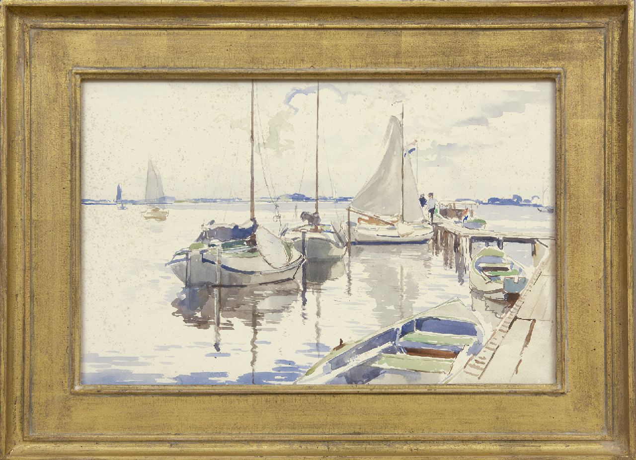 Vreedenburgh C.  | Cornelis Vreedenburgh, Platbodems bij een steiger aan de Loosdrechtse Plassen, aquarel op papier 30,5 x 46,8 cm