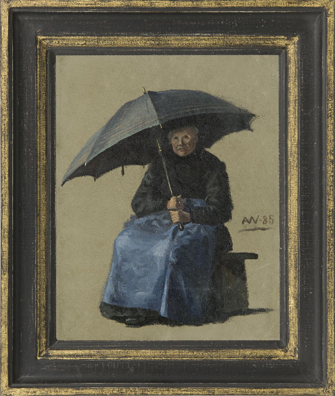 Wengberg A.E. | 'Anna' Emilia Wengberg, Een vrouw zittend onder een paraplu, olieverf op papier op board 33,5 x 26,0 cm, gesigneerd rechts van het midden met monogram en gedateerd '85 Wengberg A.E. | 'Anna' Emilia Wengberg, Een vrouw zittend onder een paraplu, olieverf op papier op board 33,5 x 26,0 cm, gesigneerd rechts van het midden met monogram en gedateerd '85