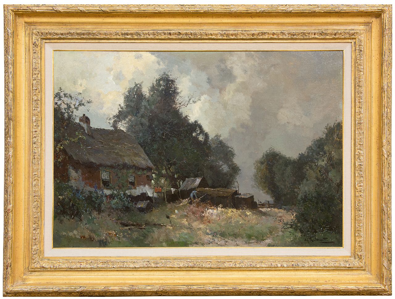 Driesten A.J. van | Arend Jan van Driesten | Schilderijen te koop aangeboden | Aan het werk op het erf, olieverf op doek 52,5 x 76,5 cm, gesigneerd rechtsonder