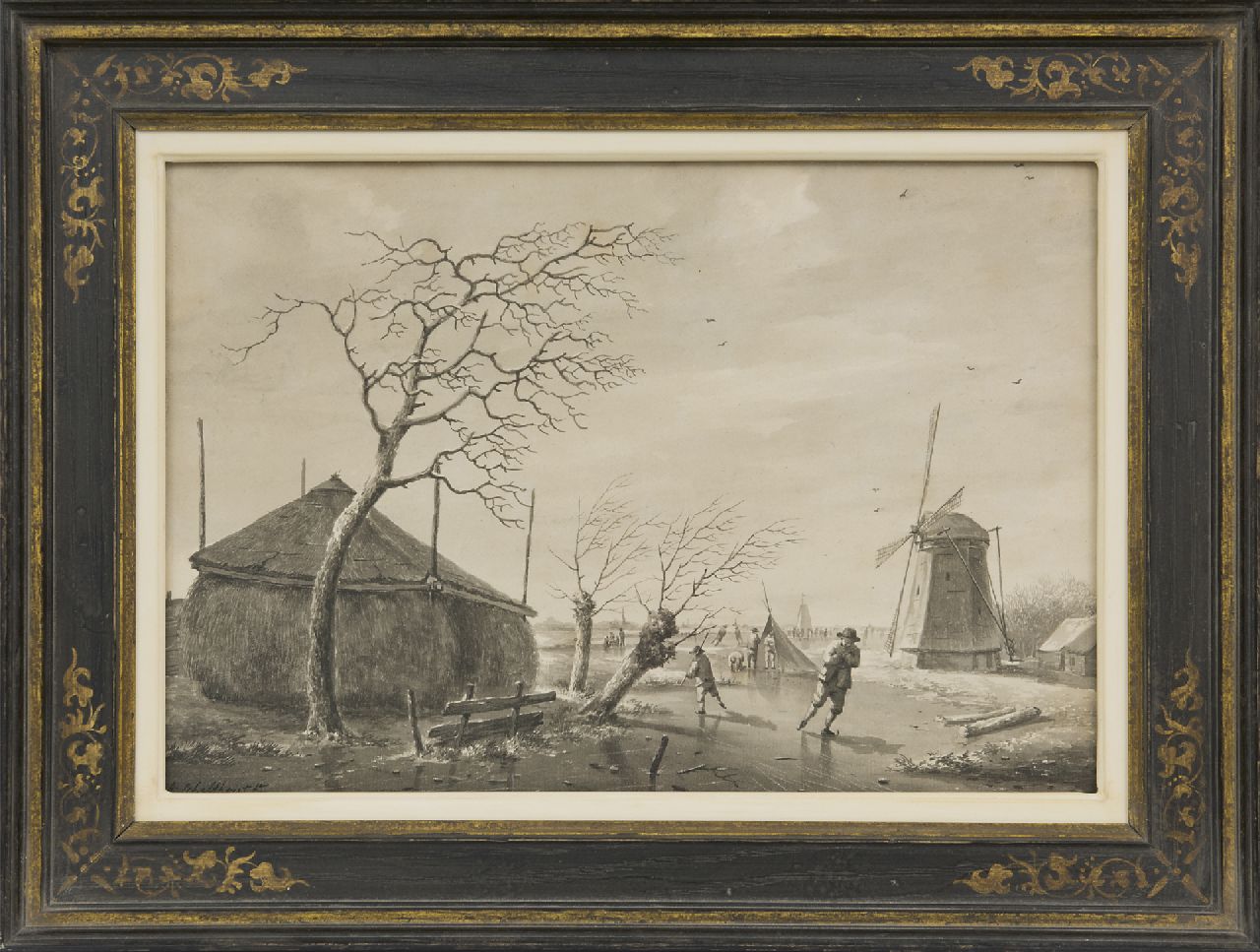 Schelfhout A. | Andreas Schelfhout, Schaatspret op een boerenvaart, pen, penseel en inkt op papier 26,1 x 38,0 cm, gesigneerd linksonder en te dateren ca. 1805-1810 Schelfhout A. | Andreas Schelfhout, Schaatspret op een boerenvaart, pen, penseel en inkt op papier 26,1 x 38,0 cm, gesigneerd linksonder en te dateren ca. 1805-1810