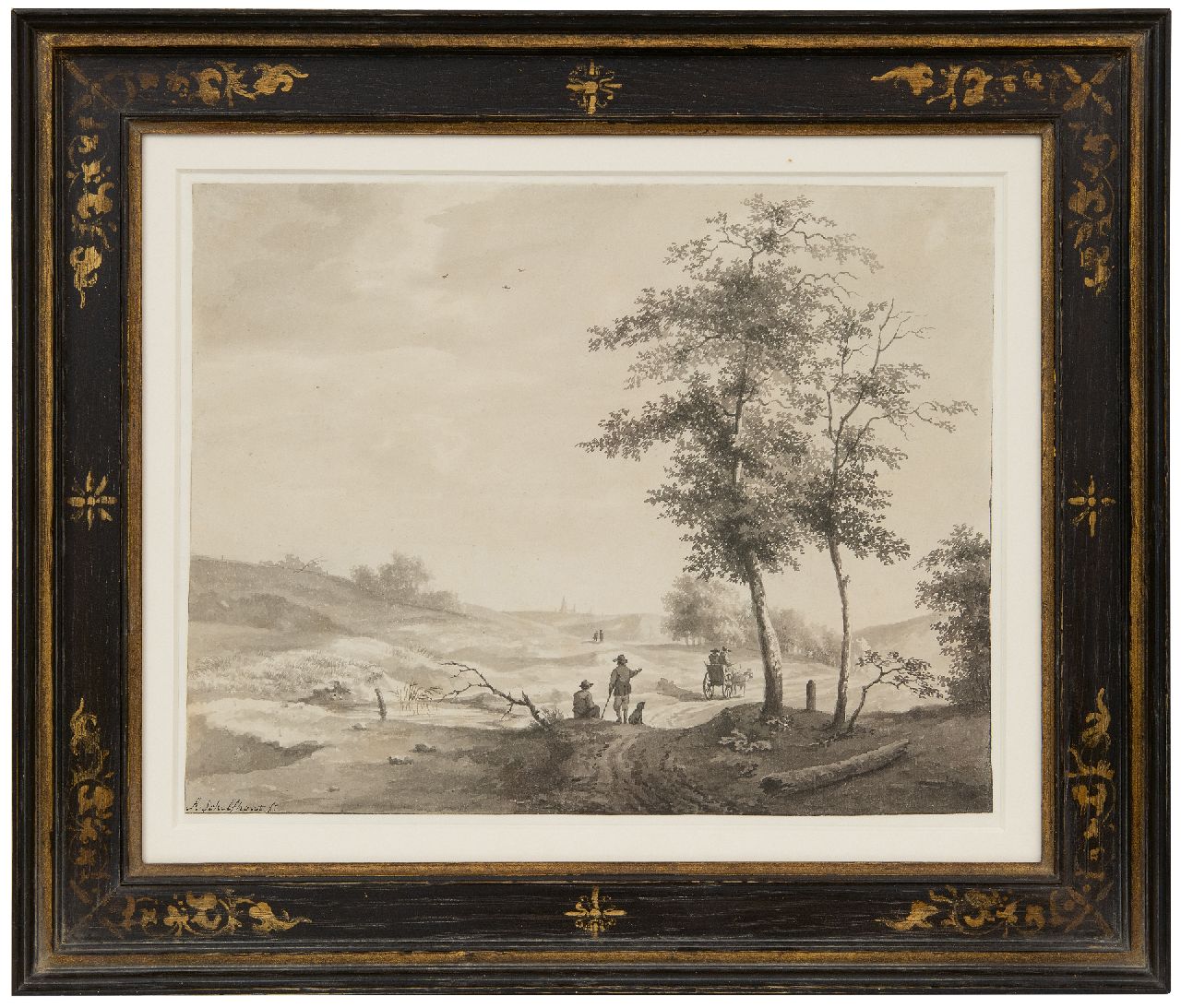 Schelfhout A.  | Andreas Schelfhout | Aquarellen en tekeningen te koop aangeboden | Reizigers in een heuvellandschap, pen, penseel en inkt op papier 26,6 x 33,7 cm, gesigneerd linksonder