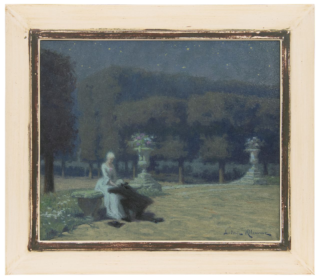 Alleaume L. | Ludovic Alleaume | Schilderijen te koop aangeboden | Nachtelijk paradijs - De liefdesverklaring, olieverf op doek 46,0 x 55,1 cm, gesigneerd rechtsonder en op resten van etiket op spieraam Alleaume L. | Ludovic Alleaume | Schilderijen te koop aangeboden | Nachtelijk paradijs - De liefdesverklaring, olieverf op doek 46,0 x 55,1 cm, gesigneerd rechtsonder en op resten van etiket op spieraam