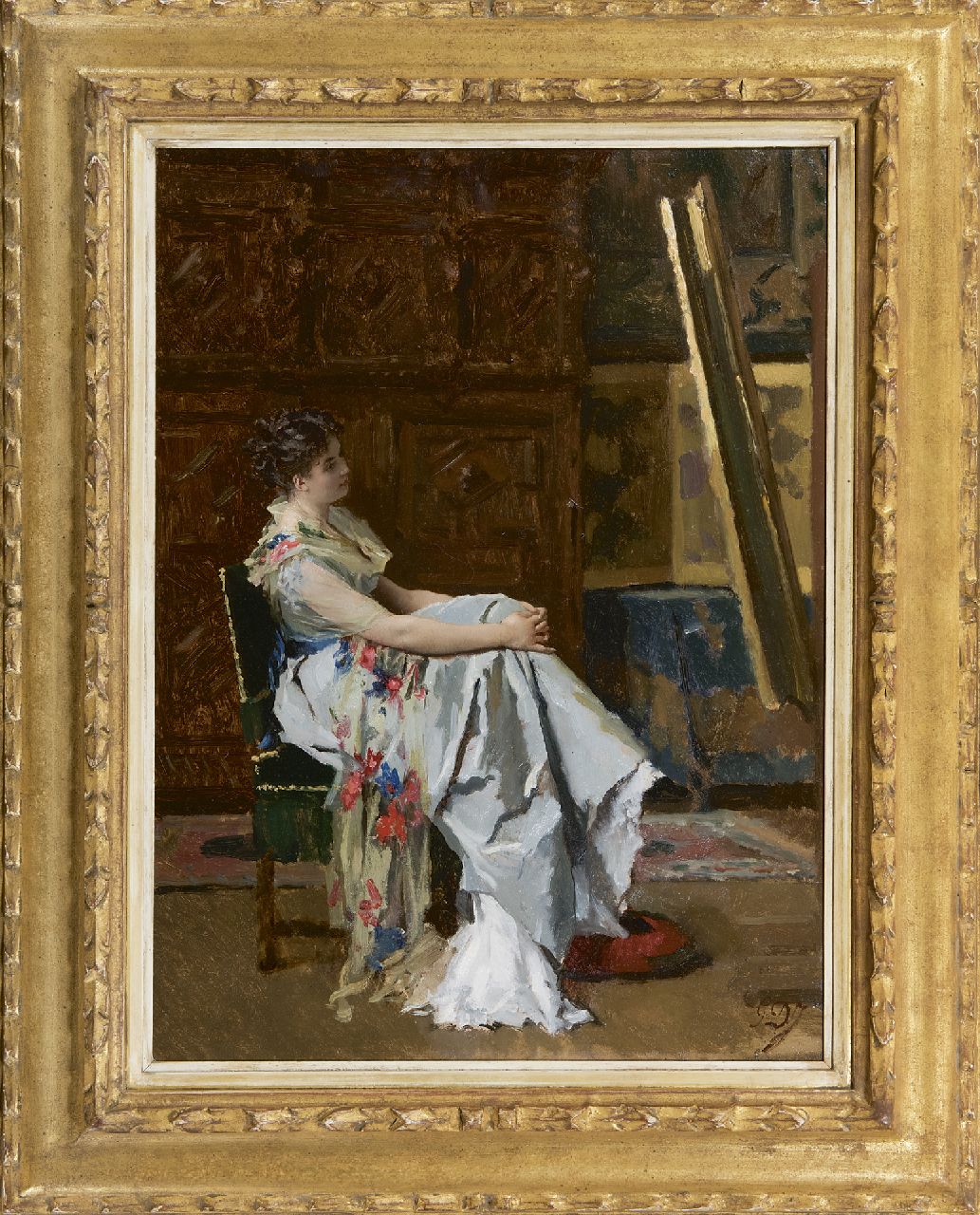 Jonghe G.L. De | 'Gustave' Léonard De Jonghe, In bewondering voor het schilderij, olieverf op paneel 49,9 x 36,9 cm, gesigneerd rechtsonder met initialen Jonghe G.L. De | 'Gustave' Léonard De Jonghe, In bewondering voor het schilderij, olieverf op paneel 49,9 x 36,9 cm, gesigneerd rechtsonder met initialen