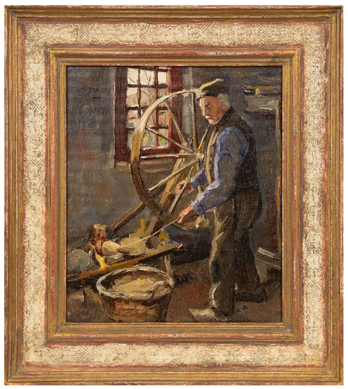 Mondriaan P.C. | Pieter Cornelis 'Piet' Mondriaan | Schilderijen te koop aangeboden | Interieur met wol spinnende boer, olieverf op doek 34,0 x 28,0 cm, te dateren 1893-1897 sold Mondriaan P.C. | Pieter Cornelis 'Piet' Mondriaan | Schilderijen te koop aangeboden | Interieur met wol spinnende boer, olieverf op doek 34,0 x 28,0 cm, te dateren 1893-1897 sold