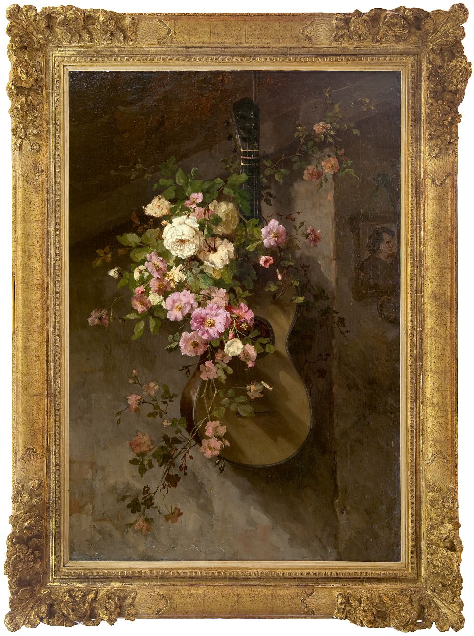 Roosenboom M.C.J.W.H. | 'Margaretha' Cornelia Johanna Wilhelmina Henriëtta Roosenboom | Schilderijen te koop aangeboden | Klimrozen op een Spaanse gitaar, olieverf op doek 110,8 x 75,9 cm Roosenboom M.C.J.W.H. | 'Margaretha' Cornelia Johanna Wilhelmina Henriëtta Roosenboom | Schilderijen te koop aangeboden | Klimrozen op een Spaanse gitaar, olieverf op doek 110,8 x 75,9 cm