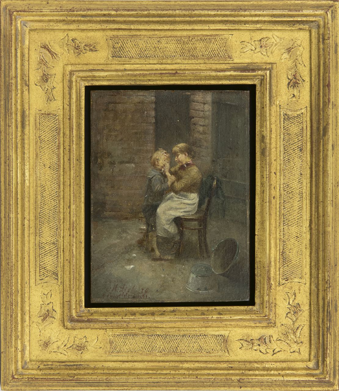 Lieberg M. | Max Lieberg, Moeders goede zorg, olieverf op paneel 12,0 x 9,0 cm, gesigneerd linksonder en 'Düsseldorf' 1891 Lieberg M. | Max Lieberg, Moeders goede zorg, olieverf op paneel 12,0 x 9,0 cm, gesigneerd linksonder en 'Düsseldorf' 1891