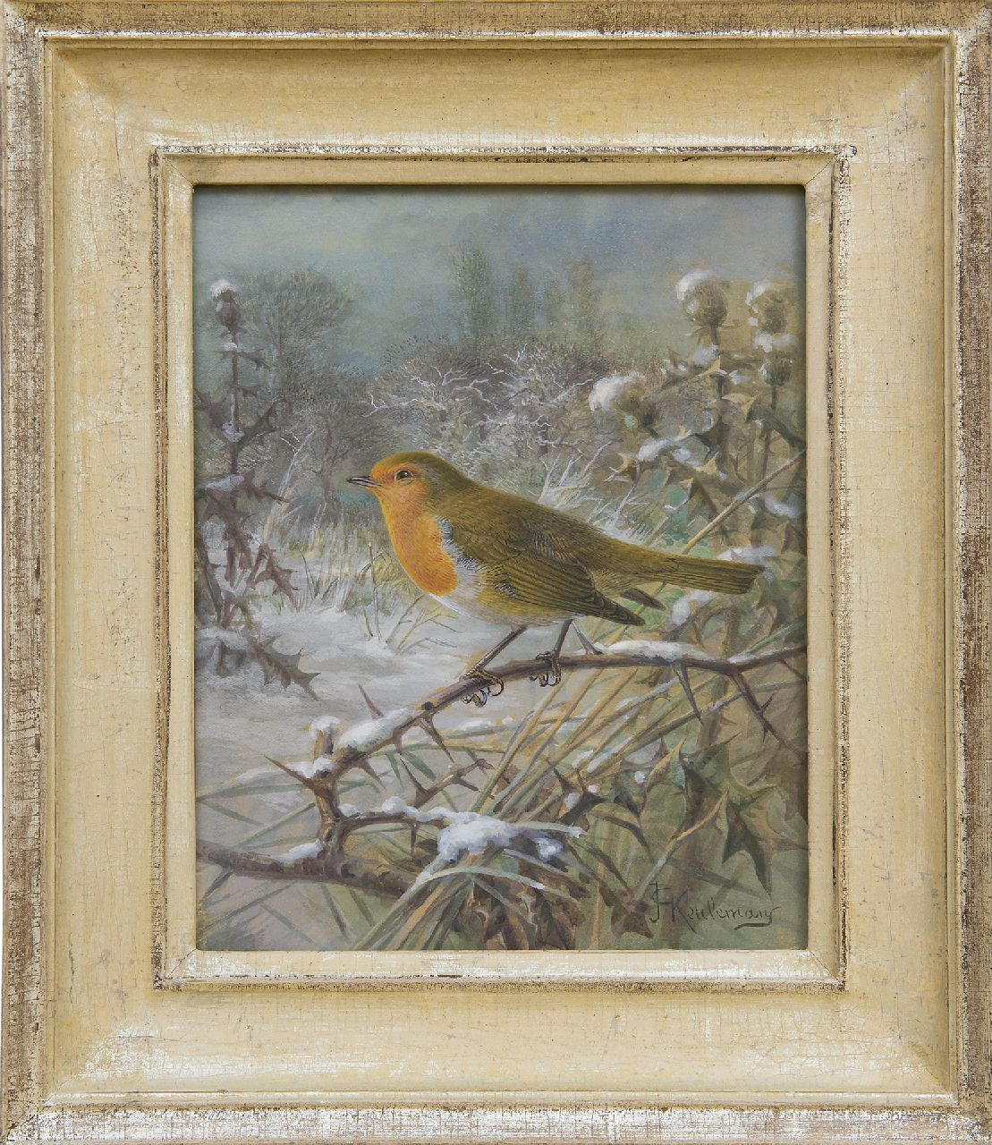 Keulemans J.G. | Johannes Gerardus Keulemans, Roodborstje in sneeuwlandschap, gouache op papier 21,5 x 17,0 cm, gesigneerd rechtsonder Keulemans J.G. | Johannes Gerardus Keulemans, Roodborstje in sneeuwlandschap, gouache op papier 21,5 x 17,0 cm, gesigneerd rechtsonder