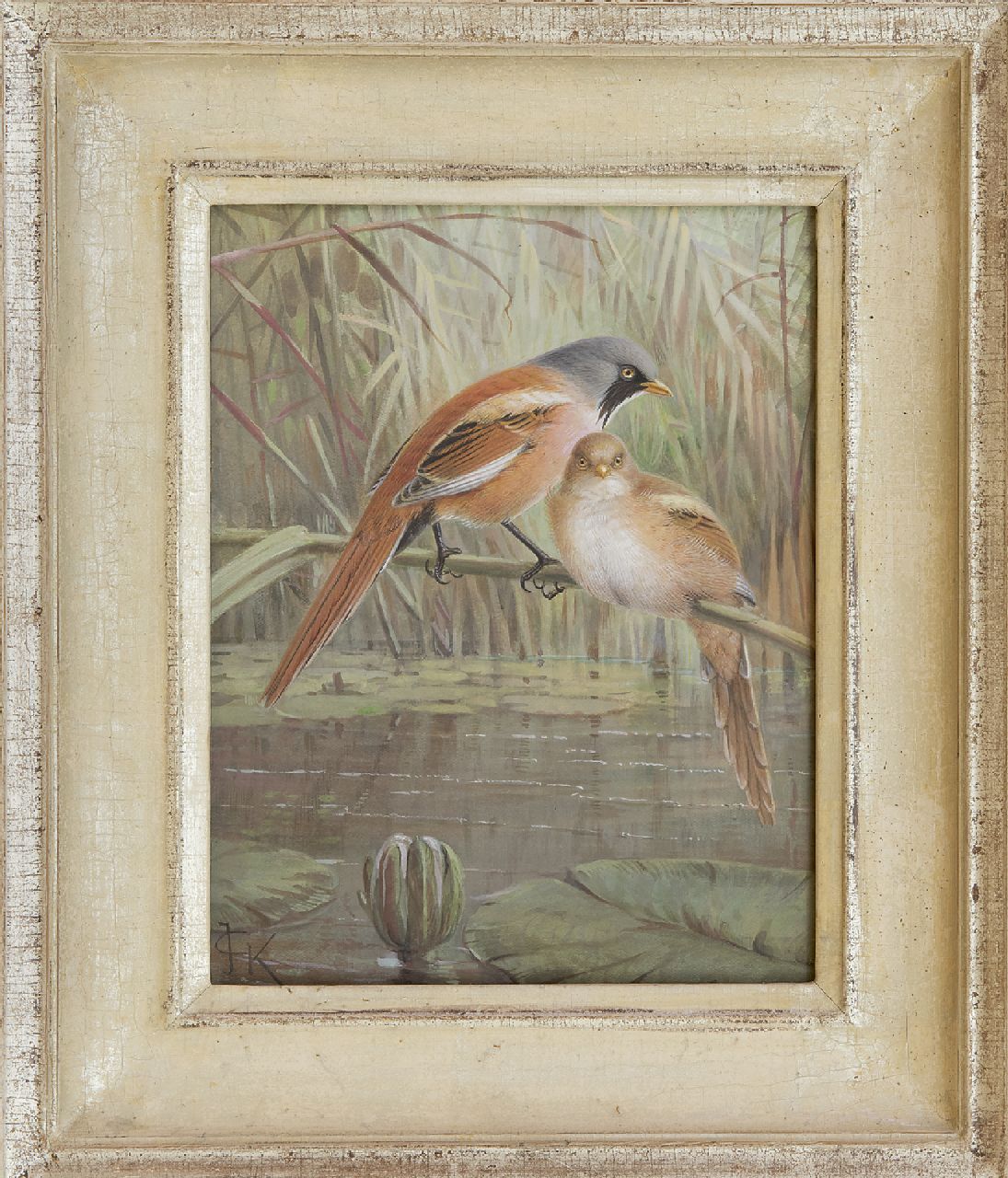 Keulemans J.G.  | Johannes Gerardus Keulemans, Baardmannetjes op een rietstengel, gouache op papier 20,0 x 15,5 cm, gesigneerd linksonder met monogram