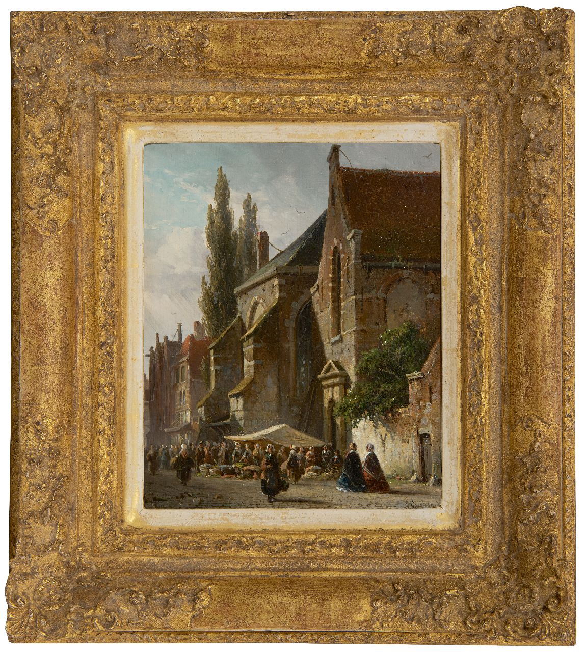 Eversen A. | Adrianus Eversen | Schilderijen te koop aangeboden | Marktdag bij de kerk, olieverf op paneel 19,0 x 15,3 cm, gesigneerd rechtsonder Eversen A. | Adrianus Eversen | Schilderijen te koop aangeboden | Marktdag bij de kerk, olieverf op paneel 19,0 x 15,3 cm, gesigneerd rechtsonder