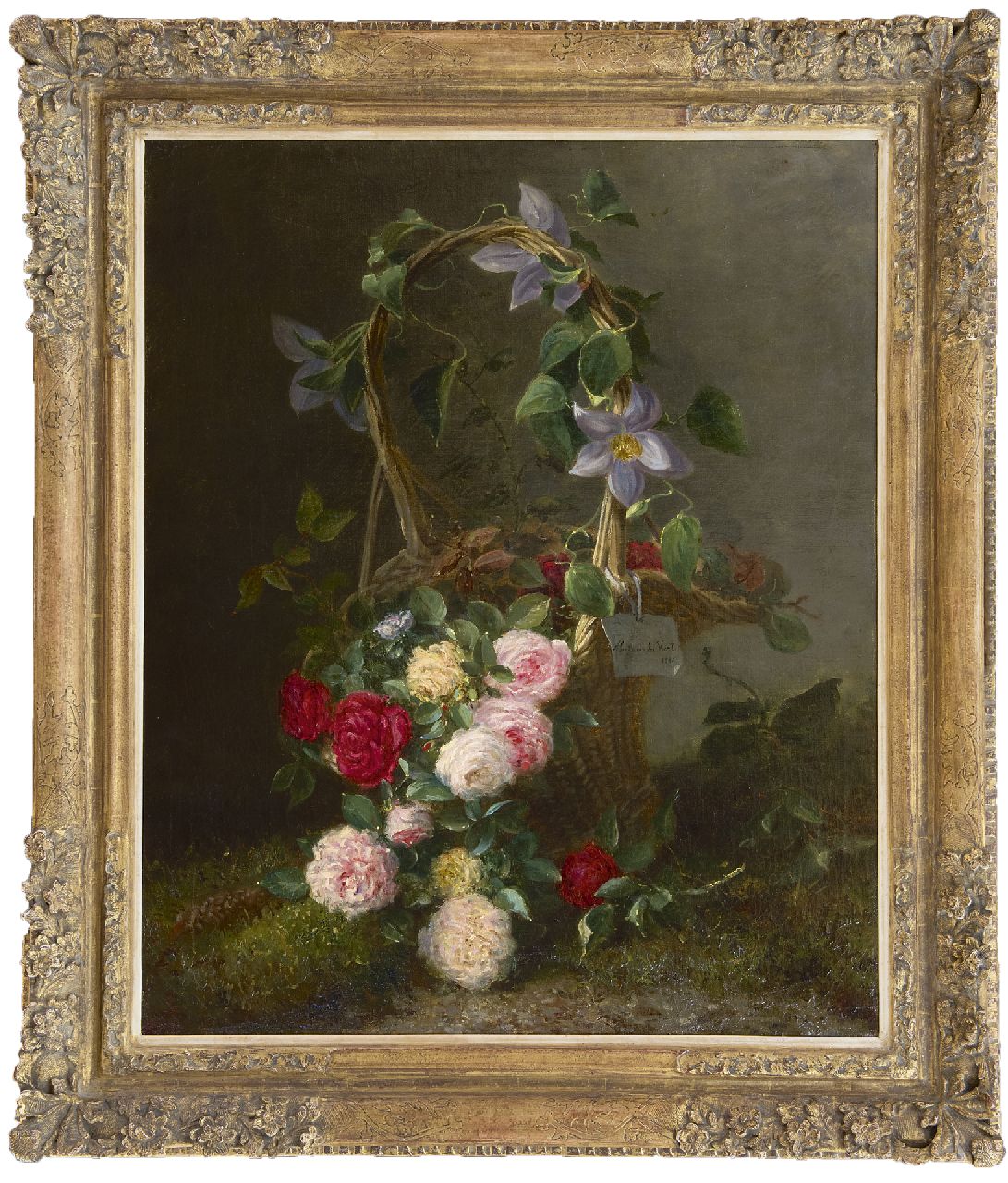 Voort in de Betouw-Nourney M. van der | Maria van der Voort in de Betouw-Nourney, Rozen in een siermand, olieverf op doek 79,5 x 66,5 cm, gesigneerd rechts van het midden op label aan de mand en gedateerd 1885