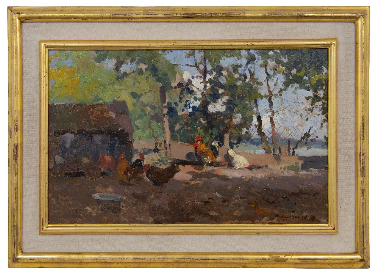 Vreedenburgh C. | Cornelis Vreedenburgh, Kippen bij een schuurtje, olieverf op board 30,2 x 48,8 cm, gesigneerd rechtsonder en gedateerd '09, zonder lijst Vreedenburgh C. | Cornelis Vreedenburgh, Kippen bij een schuurtje, olieverf op board 30,2 x 48,8 cm, gesigneerd rechtsonder en gedateerd '09, zonder lijst