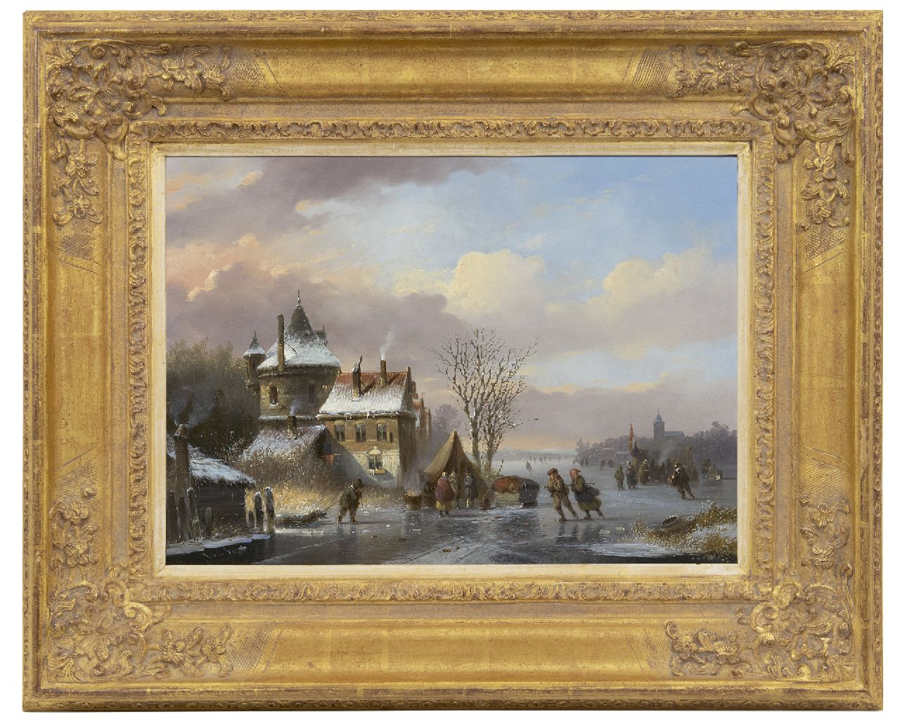 Stok J. van der | Jacobus van der Stok, Bevroren vaart met schaatsers en koek-en-zopietenten, olieverf op paneel 30,7 x 43,8 cm, gesigneerd linksonder