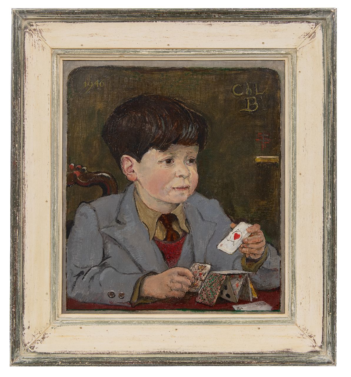 Kamerlingh Onnes H.H. | 'Harm' Henrick Kamerlingh Onnes | Schilderijen te koop aangeboden | Kind met speelkaarten, olieverf op doek 45,8 x 40,6 cm, gesigneerd rechtsonder met monogram en gedateerd 1946 Kamerlingh Onnes H.H. | 'Harm' Henrick Kamerlingh Onnes | Schilderijen te koop aangeboden | Kind met speelkaarten, olieverf op doek 45,8 x 40,6 cm, gesigneerd rechtsonder met monogram en gedateerd 1946