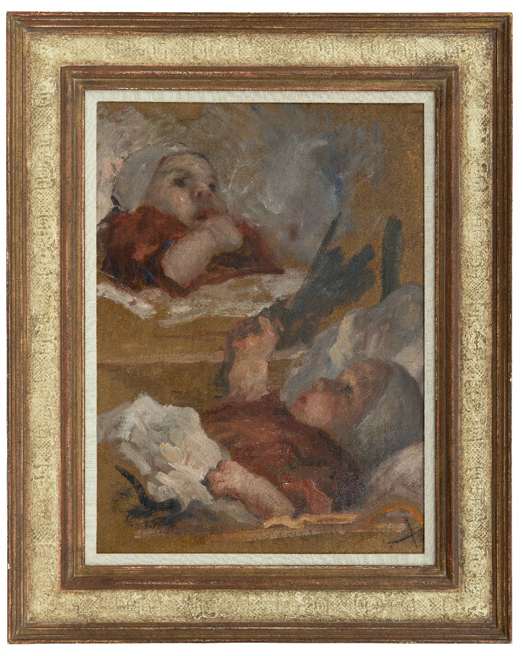 Pieters E. | Evert Pieters | Schilderijen te koop aangeboden | Studies van een baby; verso: jonge vrouw in tuin, olieverf op schilderskarton 49,5 x 37,0 cm Pieters E. | Evert Pieters | Schilderijen te koop aangeboden | Studies van een baby; verso: jonge vrouw in tuin, olieverf op schilderskarton 49,5 x 37,0 cm