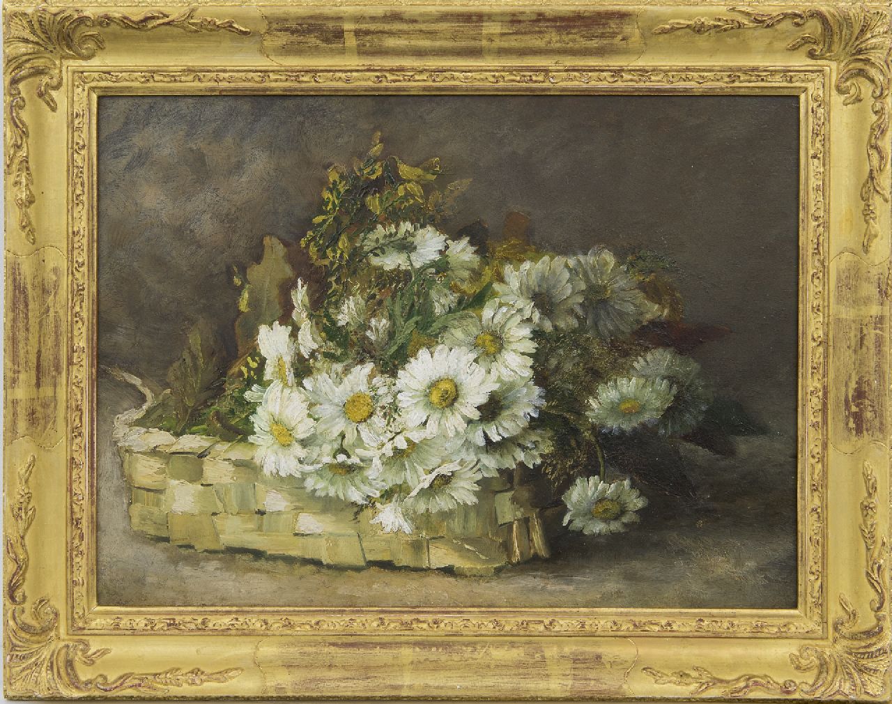 Onbekend   | Onbekend | Schilderijen te koop aangeboden | Margrieten in een mand, olieverf op paneel 28,0 x 38,1 cm, begin 20ste eeuw