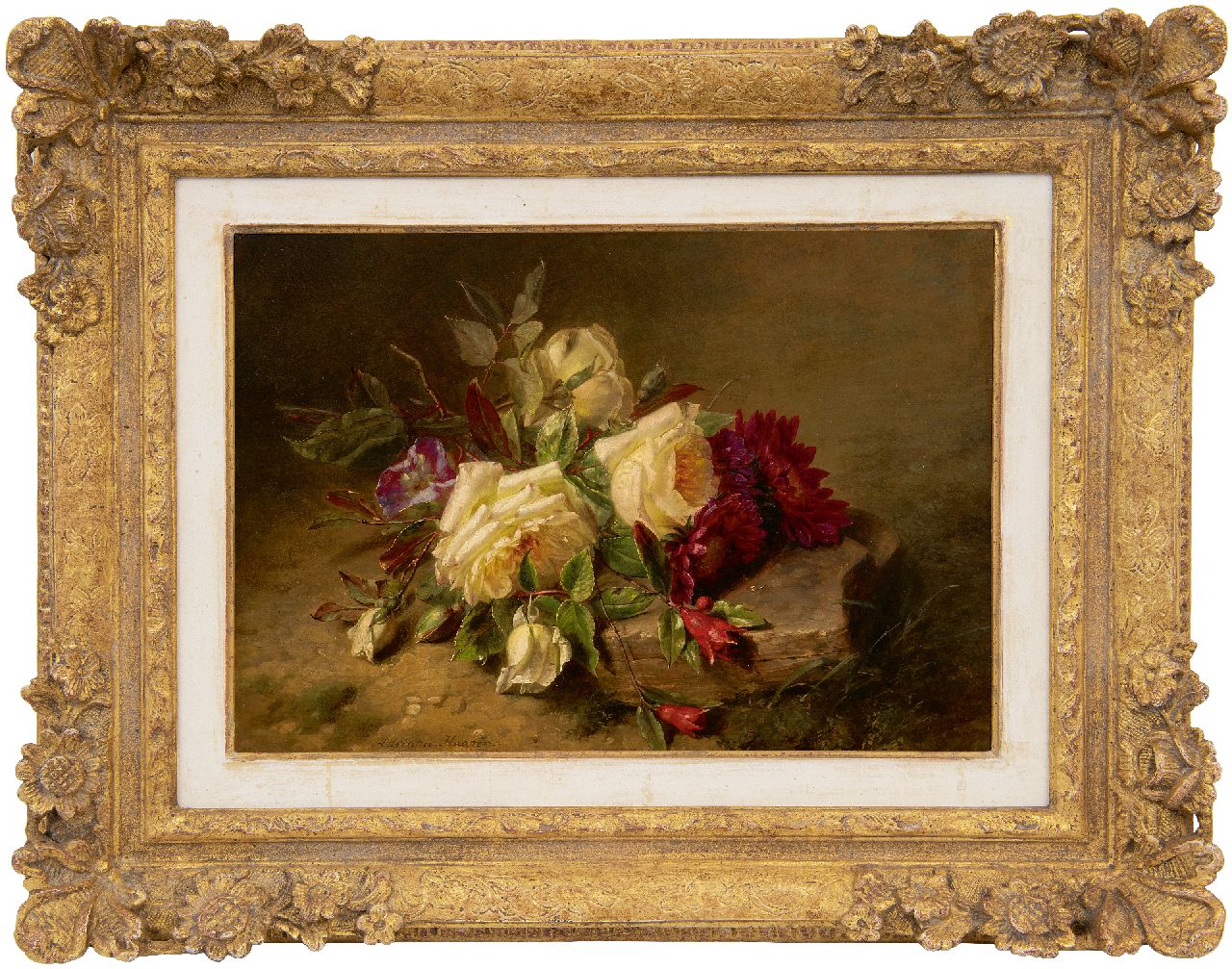 Haanen A.J.  | 'Adriana' Johanna Haanen | Schilderijen te koop aangeboden | Rozen en chrysanten op de bosgrond, olieverf op paneel 25,5 x 36,0 cm, gesigneerd linksonder
