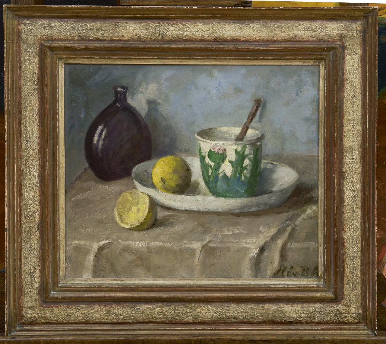 Regteren Altena M.E. van | 'Marie' Engelina van Regteren Altena, Stilleven met schaal, distelbeker en citroenen, olieverf op doek 34,0 x 40,3 cm, gesigneerd rechtsonder Regteren Altena M.E. van | 'Marie' Engelina van Regteren Altena, Stilleven met schaal, distelbeker en citroenen, olieverf op doek 34,0 x 40,3 cm, gesigneerd rechtsonder