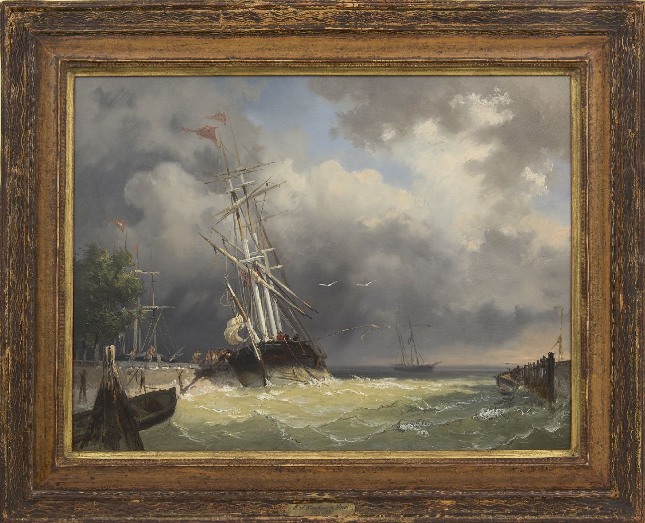 Breuhaus de Groot F.A. | Frans Arnold Breuhaus de Groot | Schilderijen te koop aangeboden | Binnenvarende driemaster bij storm, olieverf op paneel 44,4 x 59,5 cm Breuhaus de Groot F.A. | Frans Arnold Breuhaus de Groot | Schilderijen te koop aangeboden | Binnenvarende driemaster bij storm, olieverf op paneel 44,4 x 59,5 cm