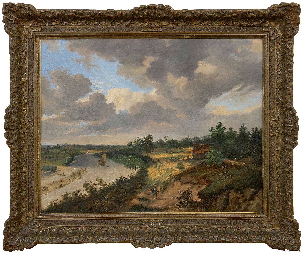 Braak L.R. van den | Leonardus Raphael van den Braak | Schilderijen te koop aangeboden | Houtvlot met bemanning en vlothut op de Rijn, olieverf op doek 63,0 x 80,0 cm, gesigneerd rechtsonder en gedateerd 1857