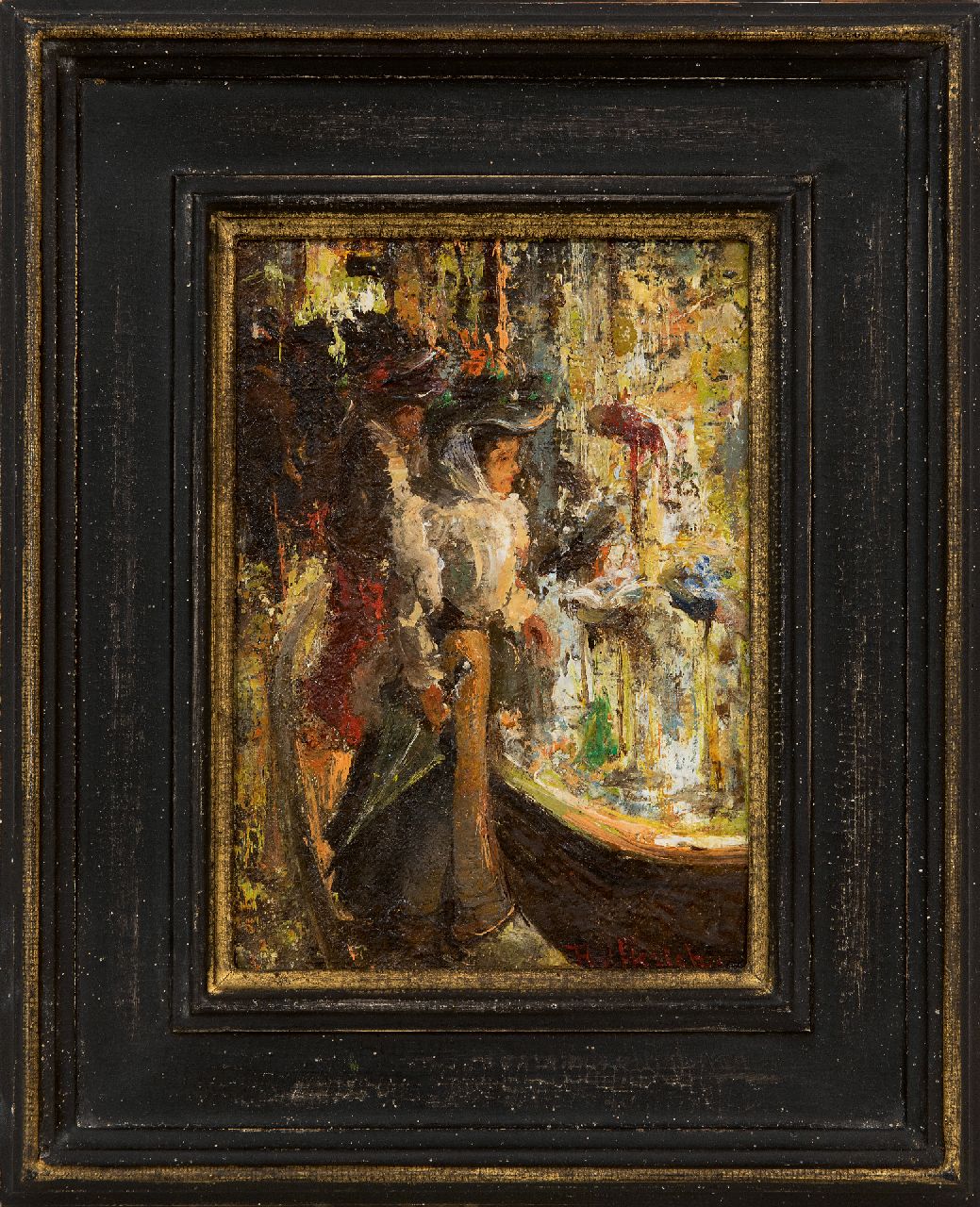 Helfferich F.W. | Franciscus Willem 'Frans' Helfferich | Schilderijen te koop aangeboden | Voor de hoedenwinkel, olieverf op doek op paneel 16,1 x 12,1 cm, gesigneerd rechtsonder Helfferich F.W. | Franciscus Willem 'Frans' Helfferich | Schilderijen te koop aangeboden | Voor de hoedenwinkel, olieverf op doek op paneel 16,1 x 12,1 cm, gesigneerd rechtsonder