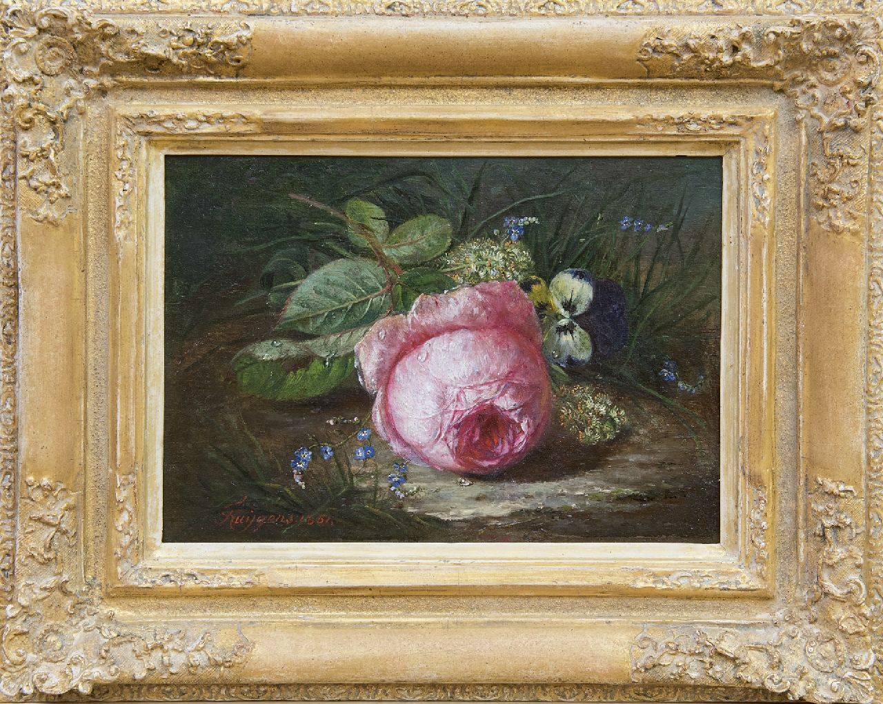 Huygens F.J. | 'François' Joseph Huygens | Schilderijen te koop aangeboden | Roos en wilde bloemen op de bosgrond, olieverf op paneel 18,9 x 26,1 cm, gesigneerd linksonder en gedateerd 1861 Huygens F.J. | 'François' Joseph Huygens | Schilderijen te koop aangeboden | Roos en wilde bloemen op de bosgrond, olieverf op paneel 18,9 x 26,1 cm, gesigneerd linksonder en gedateerd 1861