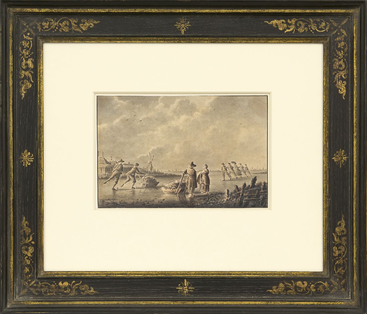 Schelfhout A. | Andreas Schelfhout, Bevroren vaart met schaatsers en duwsleden, pen, penseel en inkt op papier 13,8 x 20,9 cm, gesigneerd linksonder en ca. 1805-1810 Schelfhout A. | Andreas Schelfhout, Bevroren vaart met schaatsers en duwsleden, pen, penseel en inkt op papier 13,8 x 20,9 cm, gesigneerd linksonder en ca. 1805-1810
