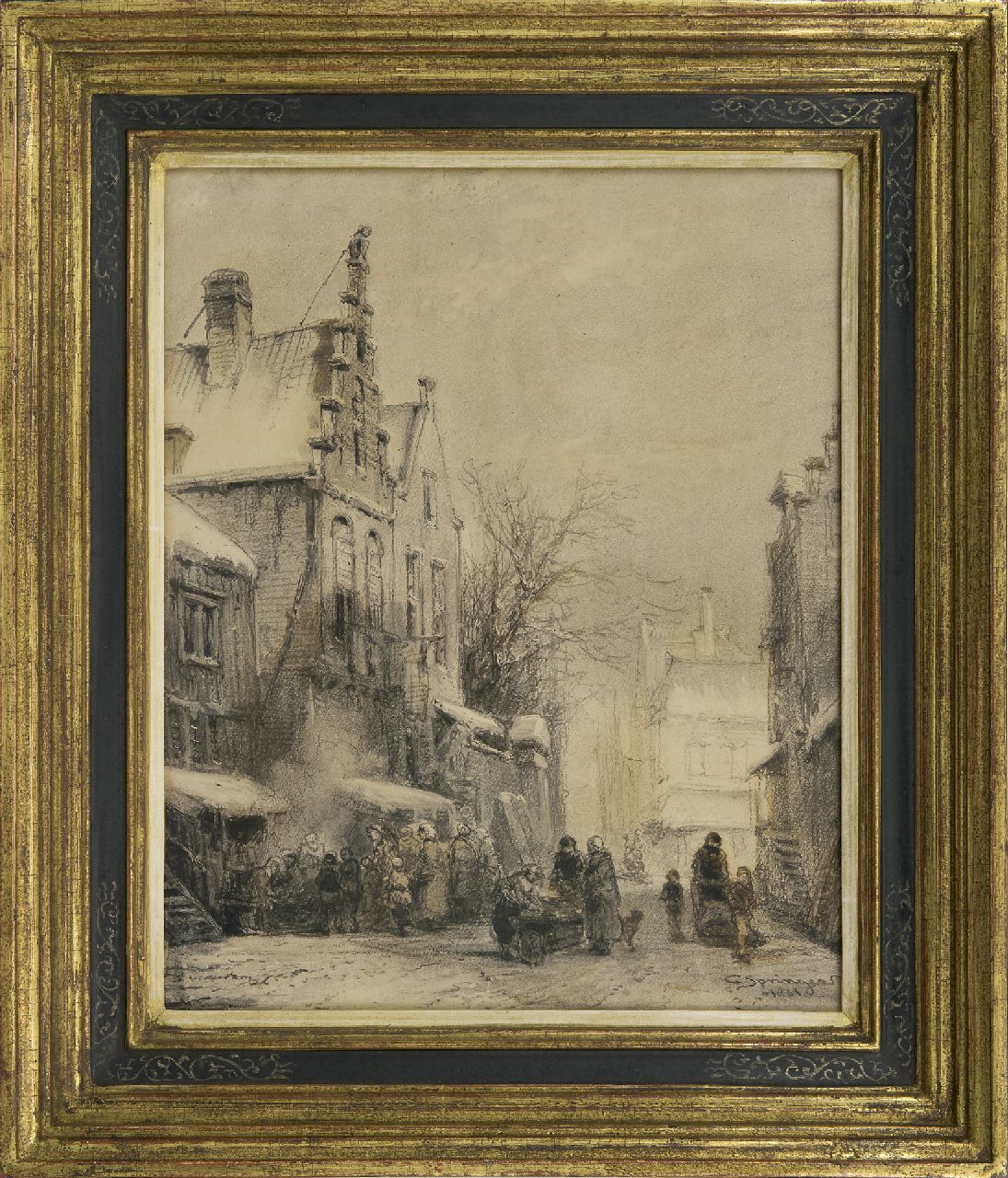 Springer C. | Cornelis Springer, Winters straatje met figuren, houtskool op papier 50,5 x 40,0 cm, gesigneerd rechtsonder en gedateerd 1861 Springer C. | Cornelis Springer, Winters straatje met figuren, houtskool op papier 50,5 x 40,0 cm, gesigneerd rechtsonder en gedateerd 1861
