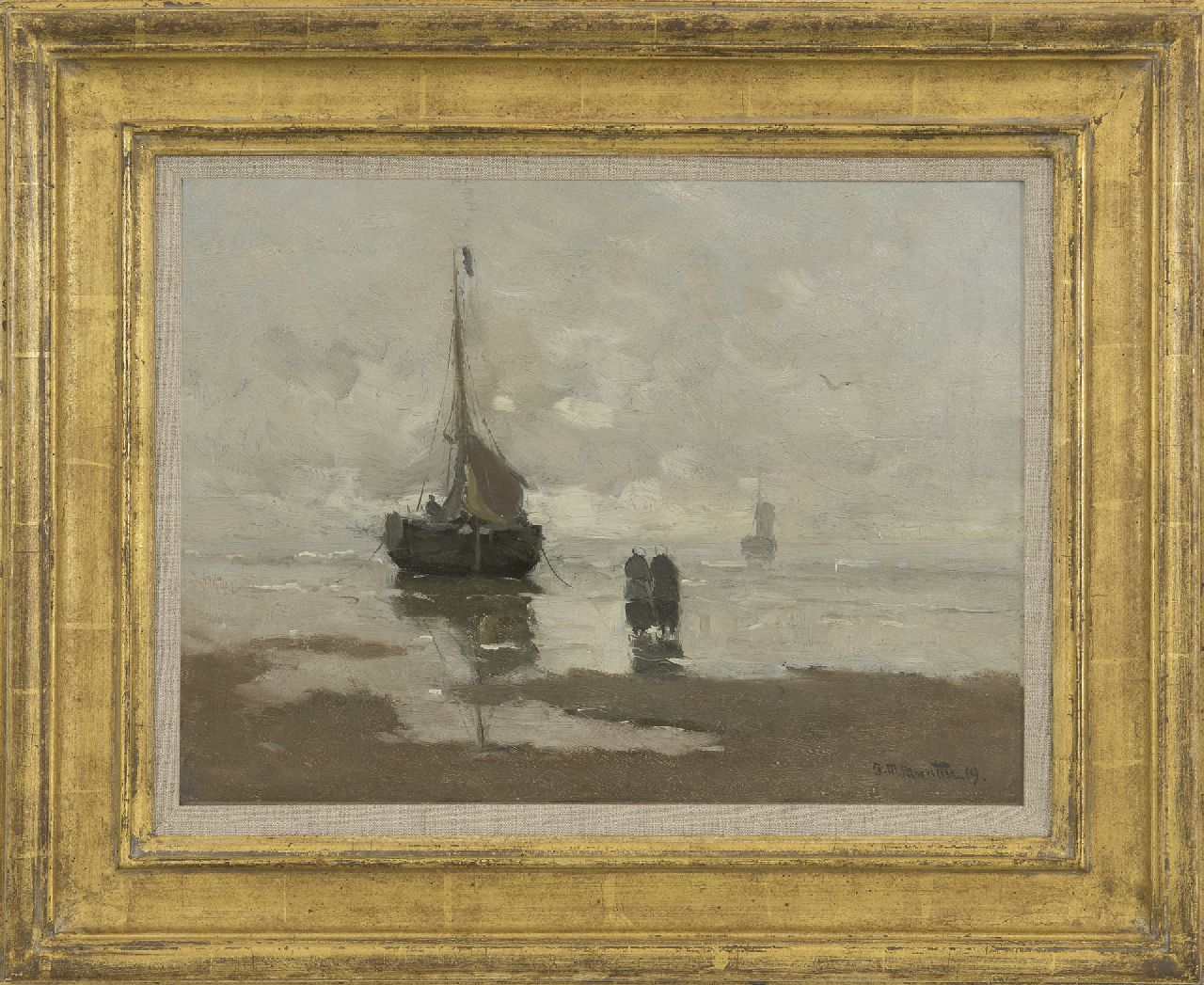 Munthe G.A.L. | Gerhard Arij Ludwig 'Morgenstjerne' Munthe, Strand met vissersschuit, olieverf op doek 32,0 x 40,0 cm, gesigneerd rechtsonder en gedateerd '19 Munthe G.A.L. | Gerhard Arij Ludwig 'Morgenstjerne' Munthe, Strand met vissersschuit, olieverf op doek 32,0 x 40,0 cm, gesigneerd rechtsonder en gedateerd '19