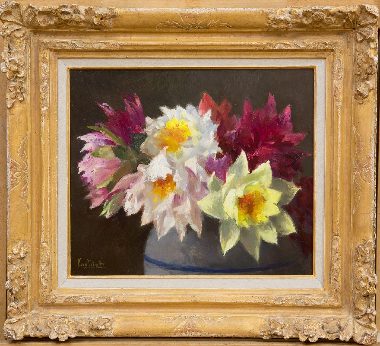 Windt Ch. van der | Christophe 'Chris' van der Windt | Schilderijen te koop aangeboden | Dahlia's, olieverf op paneel 29,5 x 34,8 cm, gesigneerd linksonder Windt Ch. van der | Christophe 'Chris' van der Windt | Schilderijen te koop aangeboden | Dahlia's, olieverf op paneel 29,5 x 34,8 cm, gesigneerd linksonder