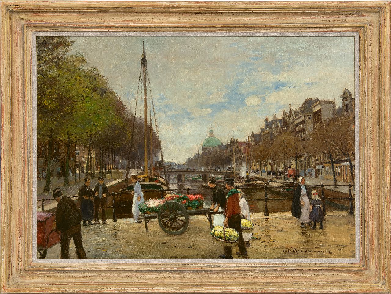 Hermanns H.  | Heinrich Hermanns, Bloemenkar op de Lijnbaansbrug, Amsterdam, olieverf op doek 63,9 x 89,5 cm, gesigneerd rechtsonder