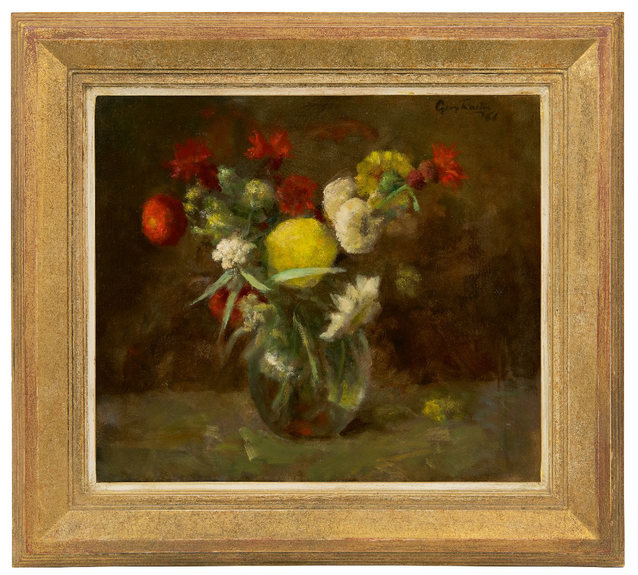 Rueter W.C.G. | Wilhelm Christian 'Georg' Rueter | Schilderijen te koop aangeboden | Bloemen in glazen vaas, olieverf op doek 39,8 x 45,0 cm, gesigneerd rechtsboven en gedateerd '66, zonder lijst Rueter W.C.G. | Wilhelm Christian 'Georg' Rueter | Schilderijen te koop aangeboden | Bloemen in glazen vaas, olieverf op doek 39,8 x 45,0 cm, gesigneerd rechtsboven en gedateerd '66, zonder lijst