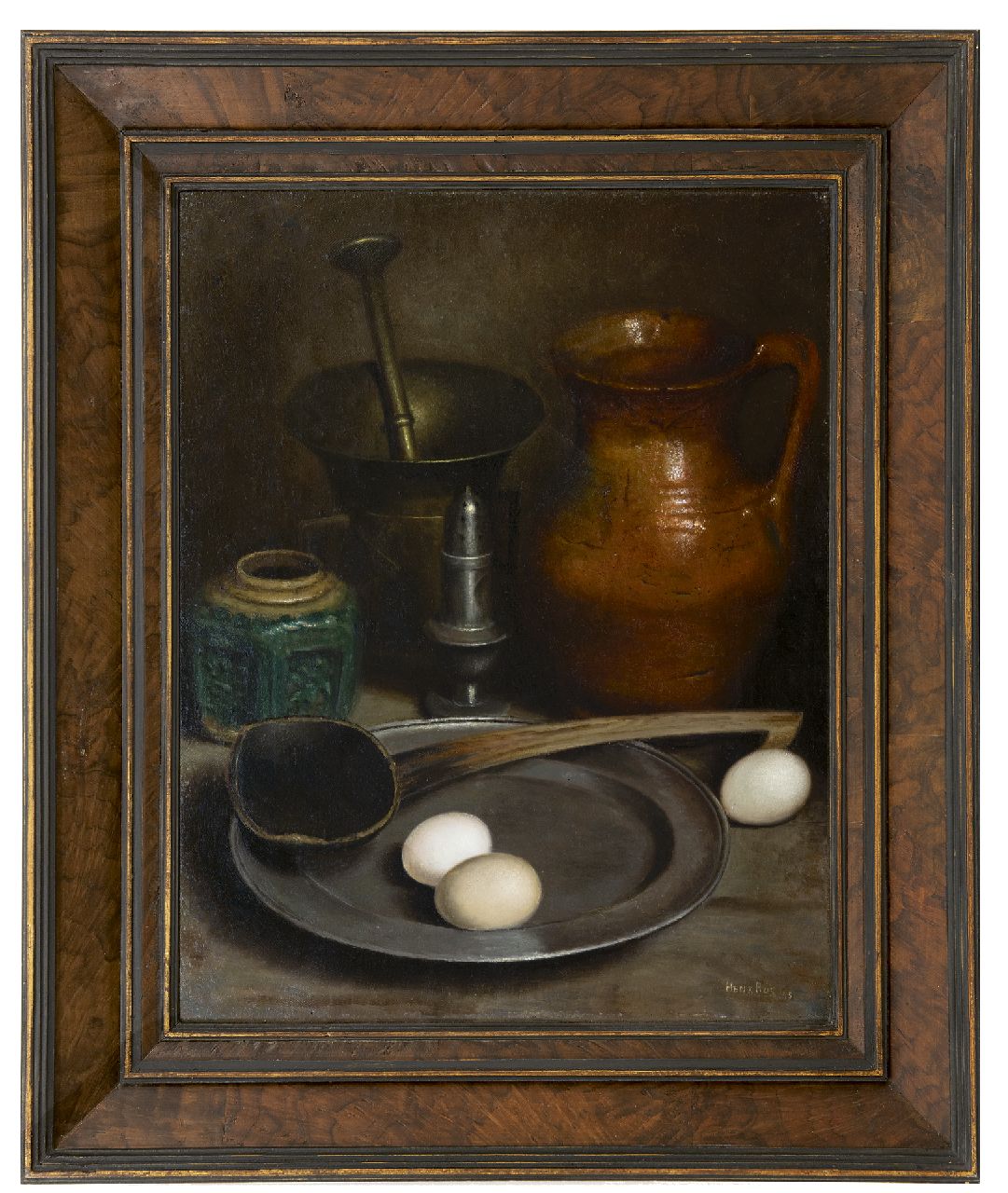 Bos H. | Hendrik 'Henk' Bos, Stilleven met tin en aardewerk, olieverf op doek 51,8 x 41,0 cm, gesigneerd rechtsonder en gedateerd '45 Bos H. | Hendrik 'Henk' Bos, Stilleven met tin en aardewerk, olieverf op doek 51,8 x 41,0 cm, gesigneerd rechtsonder en gedateerd '45