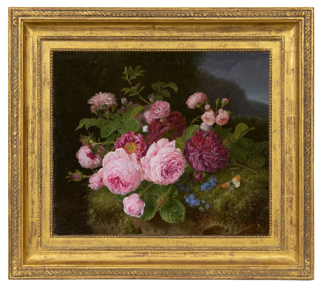 Knip H.G.  | 'Henriëtte' Geertruida Knip, Boeket rozen op de bosgrond, olieverf op doek 36,3 x 42,7 cm
