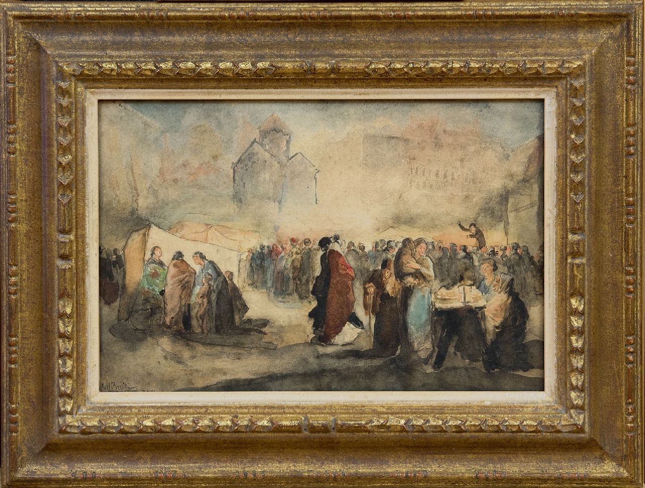 Breitner G.H.  | George Hendrik Breitner, Avondmarkt, potlood, inkt en aquarel op papier 24,0 x 36,5 cm, gesigneerd linksonder en te dateren ca. 1880-1884