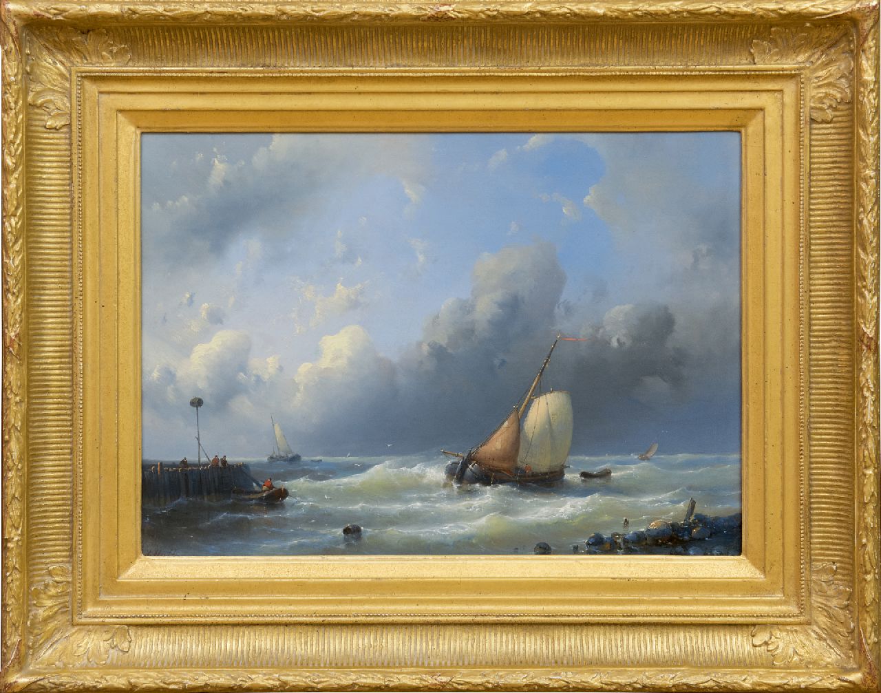 Hulk A.  | Abraham Hulk | Schilderijen te koop aangeboden | Binnenlopend beurtschip bij een havenhoofd, olieverf op paneel 31,9 x 44,1 cm, gesigneerd linksonder