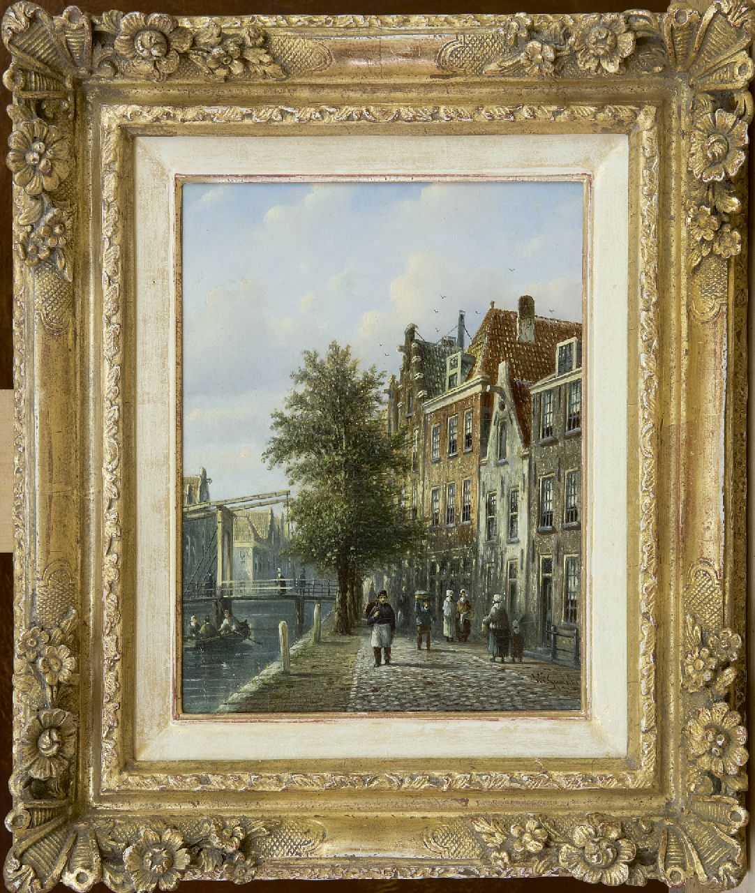 Spohler J.F.  | Johannes Franciscus Spohler, Zonnig grachtje met ophaalbrug, olieverf op paneel 20,4 x 16,0 cm, gesigneerd rechtsonder