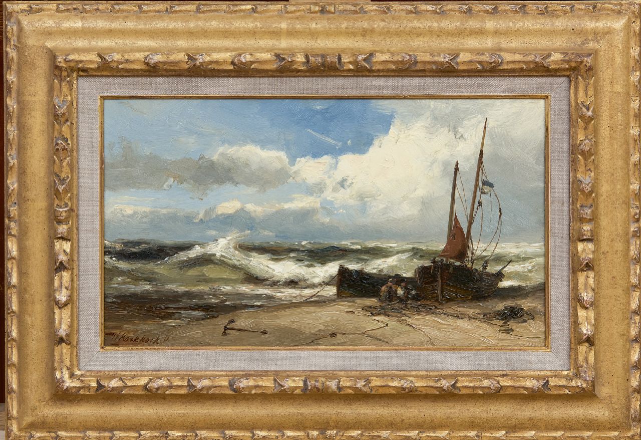 Koekkoek jr. H. | Hermanus Koekkoek jr., Netten repareren bij stormachtig weer, olieverf op paneel 18,8 x 33,0 cm, gesigneerd linksonder Koekkoek jr. H. | Hermanus Koekkoek jr., Netten repareren bij stormachtig weer, olieverf op paneel 18,8 x 33,0 cm, gesigneerd linksonder