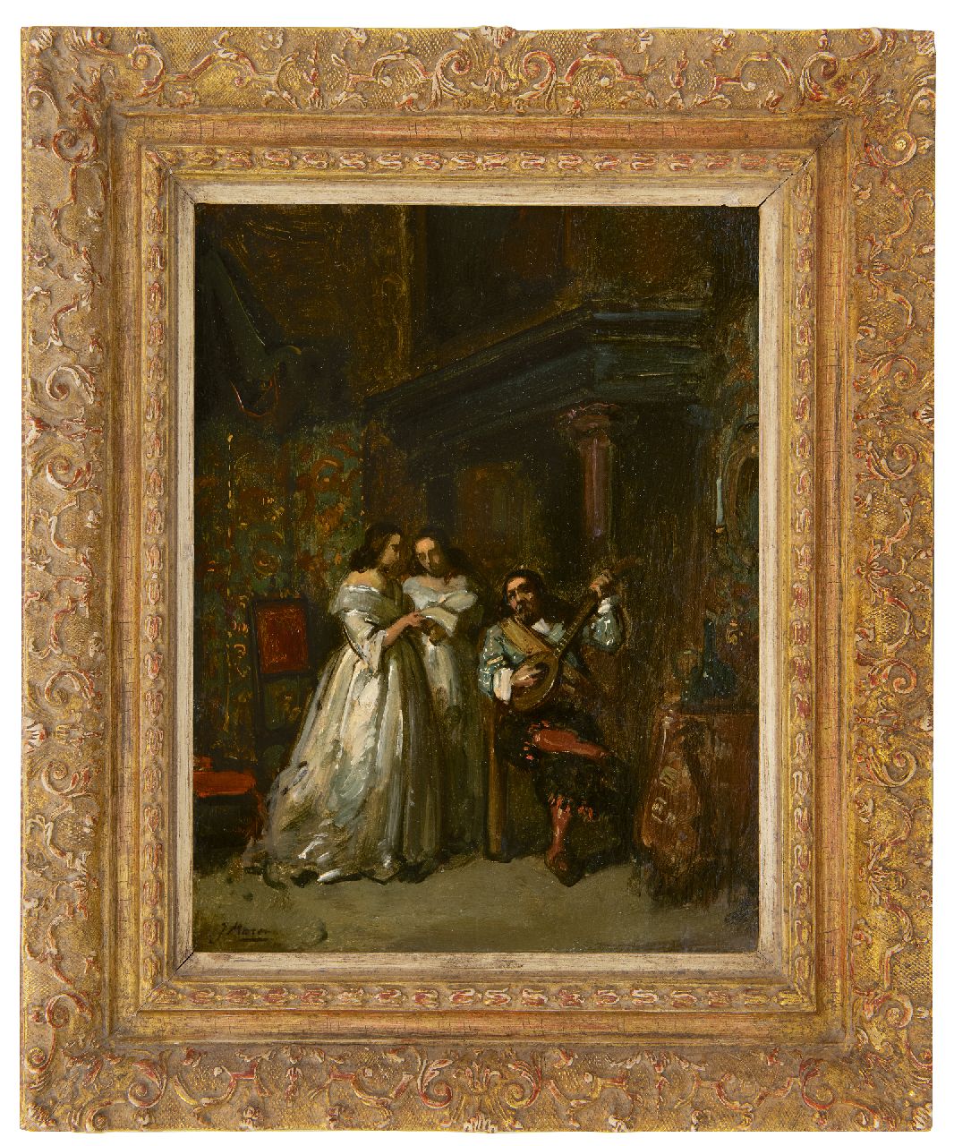 Maris J.H. | Jacobus Hendricus 'Jacob' Maris | Schilderijen te koop aangeboden | Romance, olieverf op papier op paneel 30,3 x 23,1 cm, gesigneerd linksonder en te dateren ca. 1854-1855 Maris J.H. | Jacobus Hendricus 'Jacob' Maris | Schilderijen te koop aangeboden | Romance, olieverf op papier op paneel 30,3 x 23,1 cm, gesigneerd linksonder en te dateren ca. 1854-1855