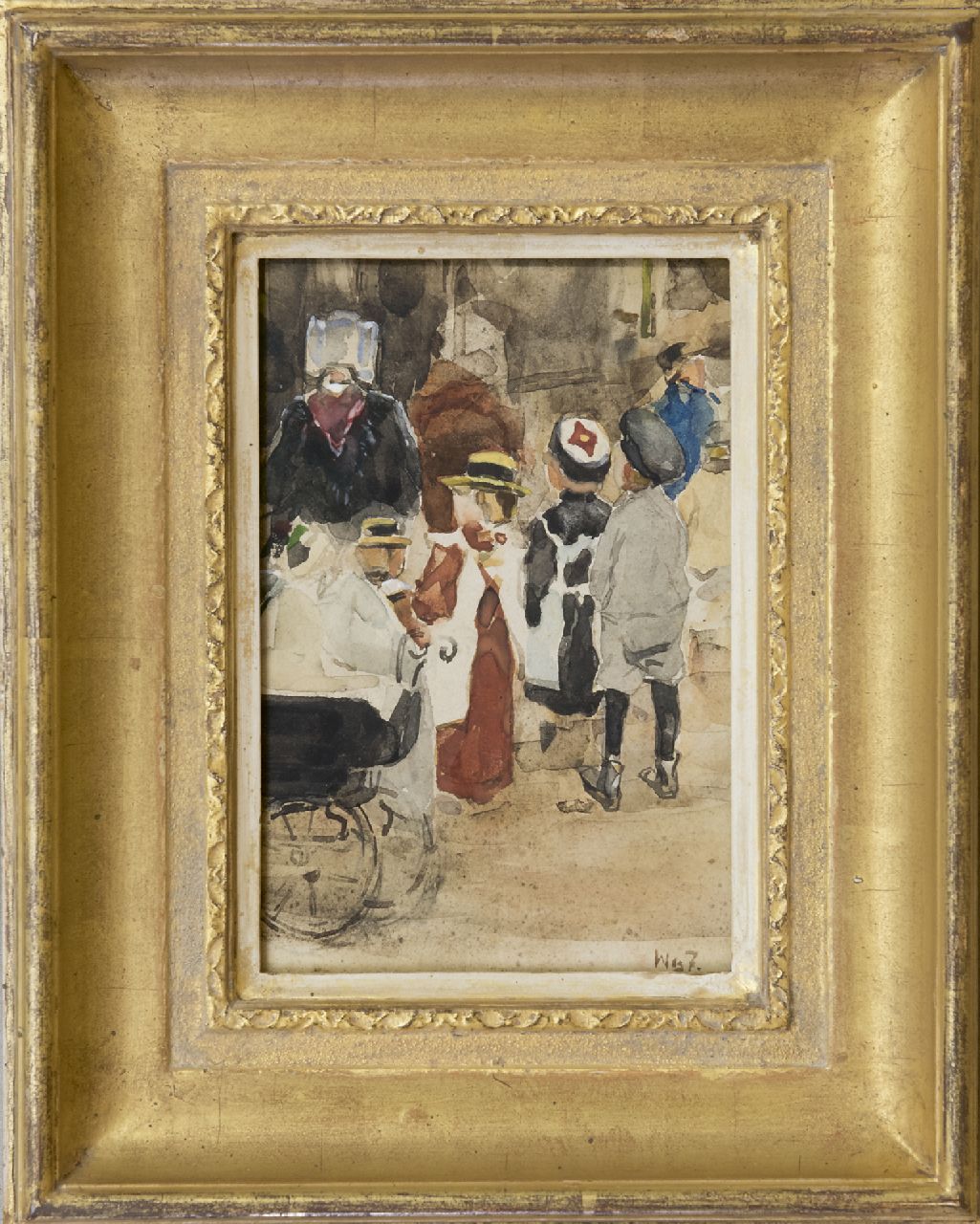 Zwart W.H.P.J. de | Wilhelmus Hendrikus Petrus Johannes 'Willem' de Zwart | Aquarellen en tekeningen te koop aangeboden | Juf met kinderen en kinderwagen, aquarel op papier 19,1 x 12,8 cm, gesigneerd rechtsonder met initialen en te dateren 1931 Zwart W.H.P.J. de | Wilhelmus Hendrikus Petrus Johannes 'Willem' de Zwart | Aquarellen en tekeningen te koop aangeboden | Juf met kinderen en kinderwagen, aquarel op papier 19,1 x 12,8 cm, gesigneerd rechtsonder met initialen en te dateren 1931