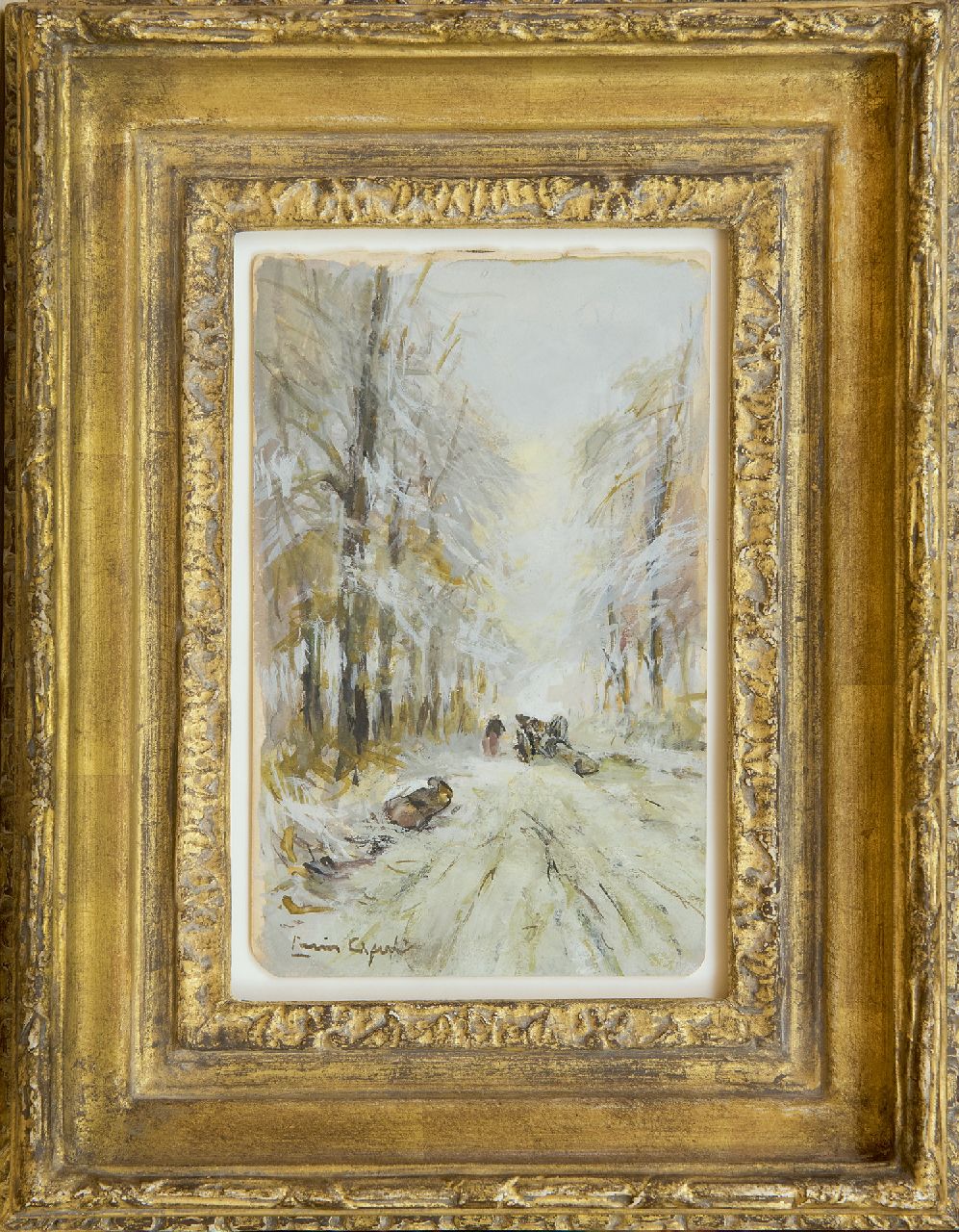 Apol L.F.H.  | Lodewijk Franciscus Hendrik 'Louis' Apol, Mallejan op een besneeuwd bospad, gouache op papier 16,9 x 10,5 cm, gesigneerd linksonder
