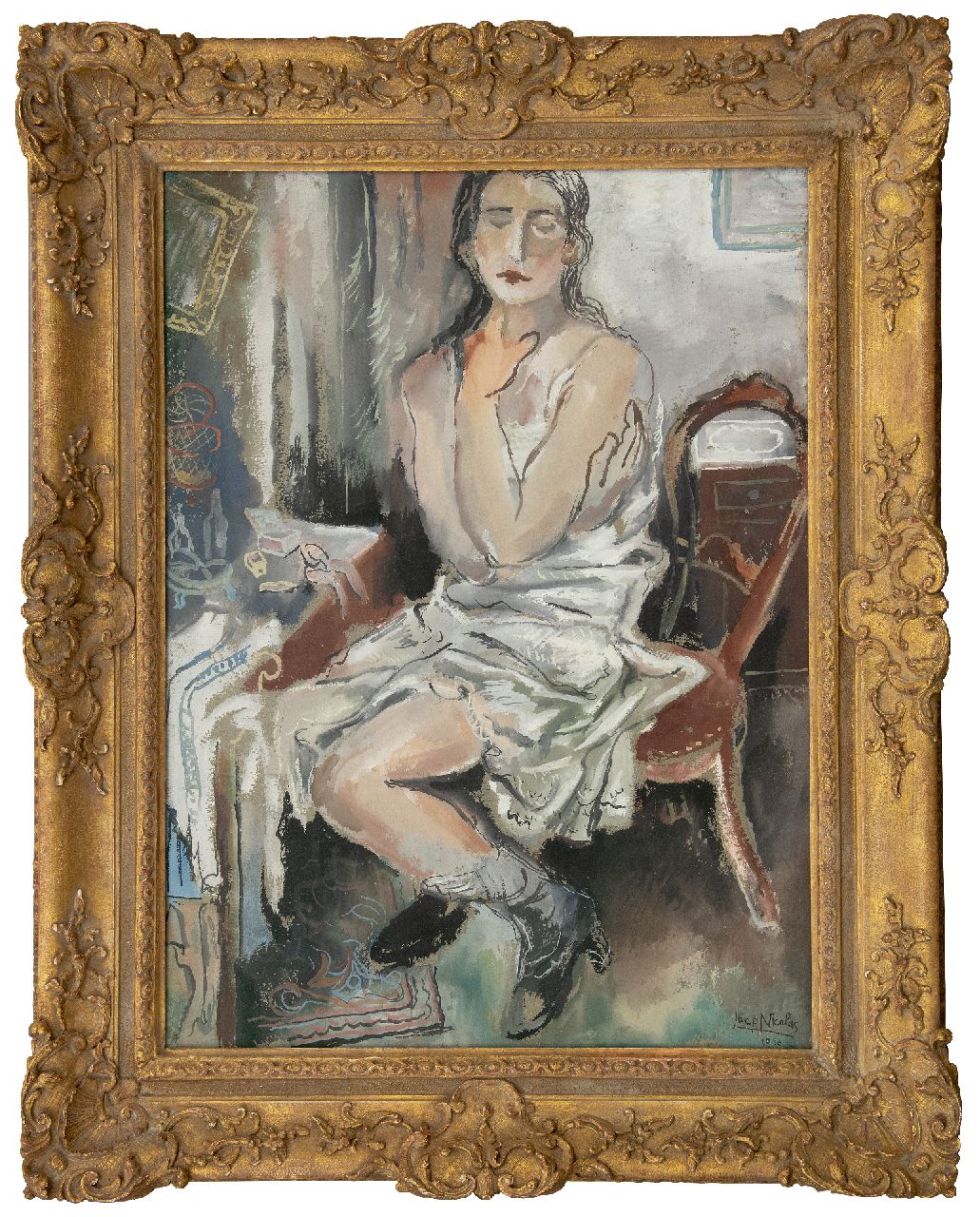 Nicolas J.A.H.F. | Josephus Antonius Hubertus Franciscus 'Joep' Nicolas, Zittende vrouw, gouache op papier op board 77,5 x 57,3 cm, gesigneerd rechtsonder en gedateerd 1930 Nicolas J.A.H.F. | Josephus Antonius Hubertus Franciscus 'Joep' Nicolas, Zittende vrouw, gouache op papier op board 77,5 x 57,3 cm, gesigneerd rechtsonder en gedateerd 1930