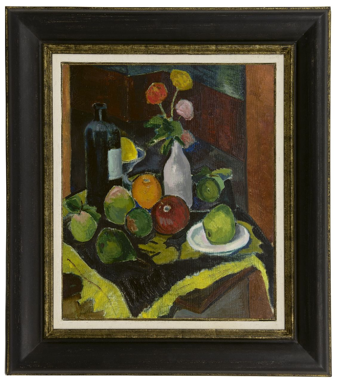 Schelfhout L. | Lodewijk Schelfhout, Stilleven met fruit, bloemen en fles, olieverf op doek 55,5 x 46,0 cm, gesigneerd rechtsonder en gedateerd 1908 Schelfhout L. | Lodewijk Schelfhout, Stilleven met fruit, bloemen en fles, olieverf op doek 55,5 x 46,0 cm, gesigneerd rechtsonder en gedateerd 1908