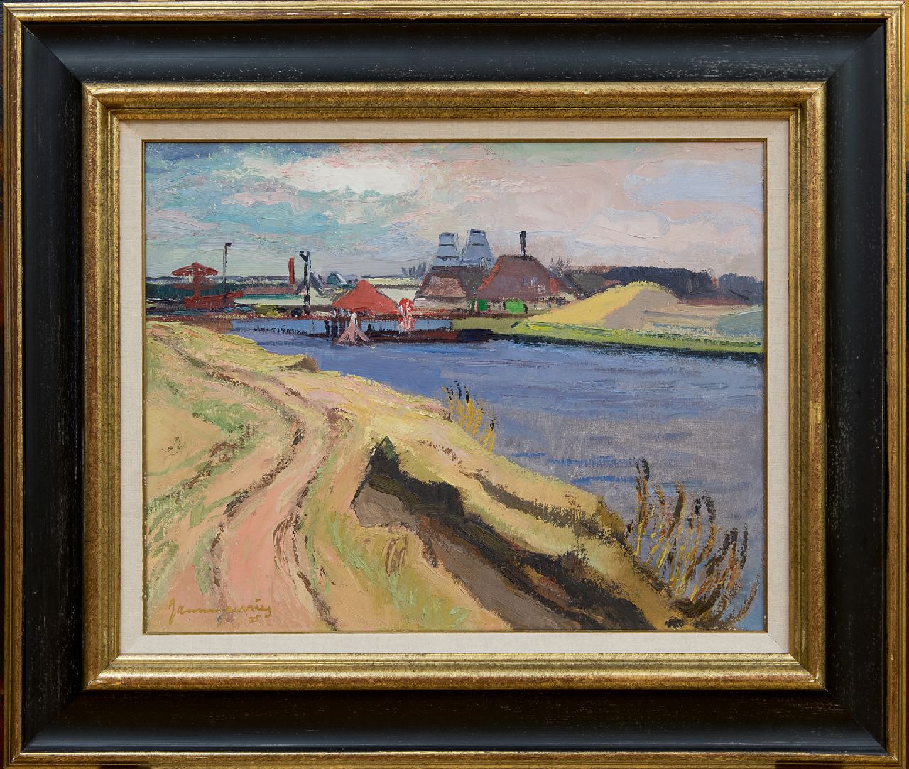 Vries J. de | Jannes de Vries, Kalkovens aan het Reitdiep, olieverf op doek 40,0 x 50,0 cm, gesigneerd linksonder en op spieraam en gedateerd '35 Vries J. de | Jannes de Vries, Kalkovens aan het Reitdiep, olieverf op doek 40,0 x 50,0 cm, gesigneerd linksonder en op spieraam en gedateerd '35
