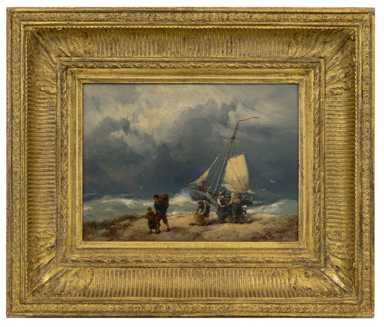 Koekkoek J.H.B. | Johannes Hermanus Barend 'Jan H.B.' Koekkoek | Schilderijen te koop aangeboden | Vissersvolk op het strand in een storm, olieverf op paneel 17,2 x 23,4 cm, gesigneerd linksonder Koekkoek J.H.B. | Johannes Hermanus Barend 'Jan H.B.' Koekkoek | Schilderijen te koop aangeboden | Vissersvolk op het strand in een storm, olieverf op paneel 17,2 x 23,4 cm, gesigneerd linksonder